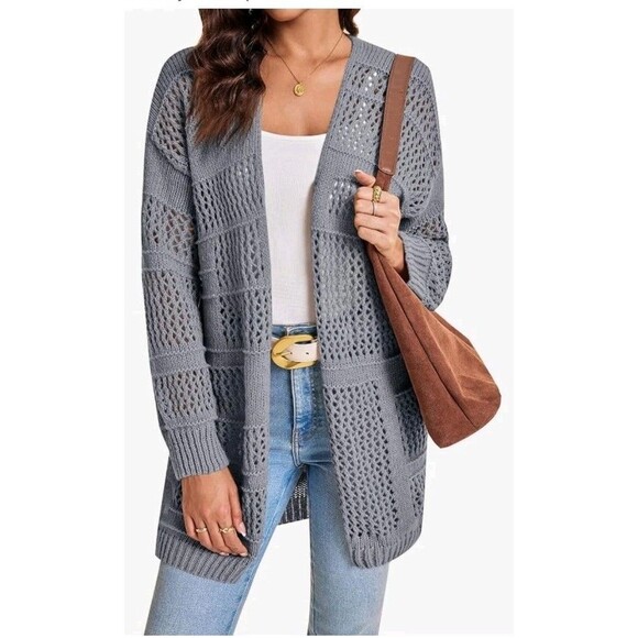 Grey Oversized Crochet Cardigan Women's Small | Boho Cozy Long‑Sleeve Layer - Picture 1 of 7